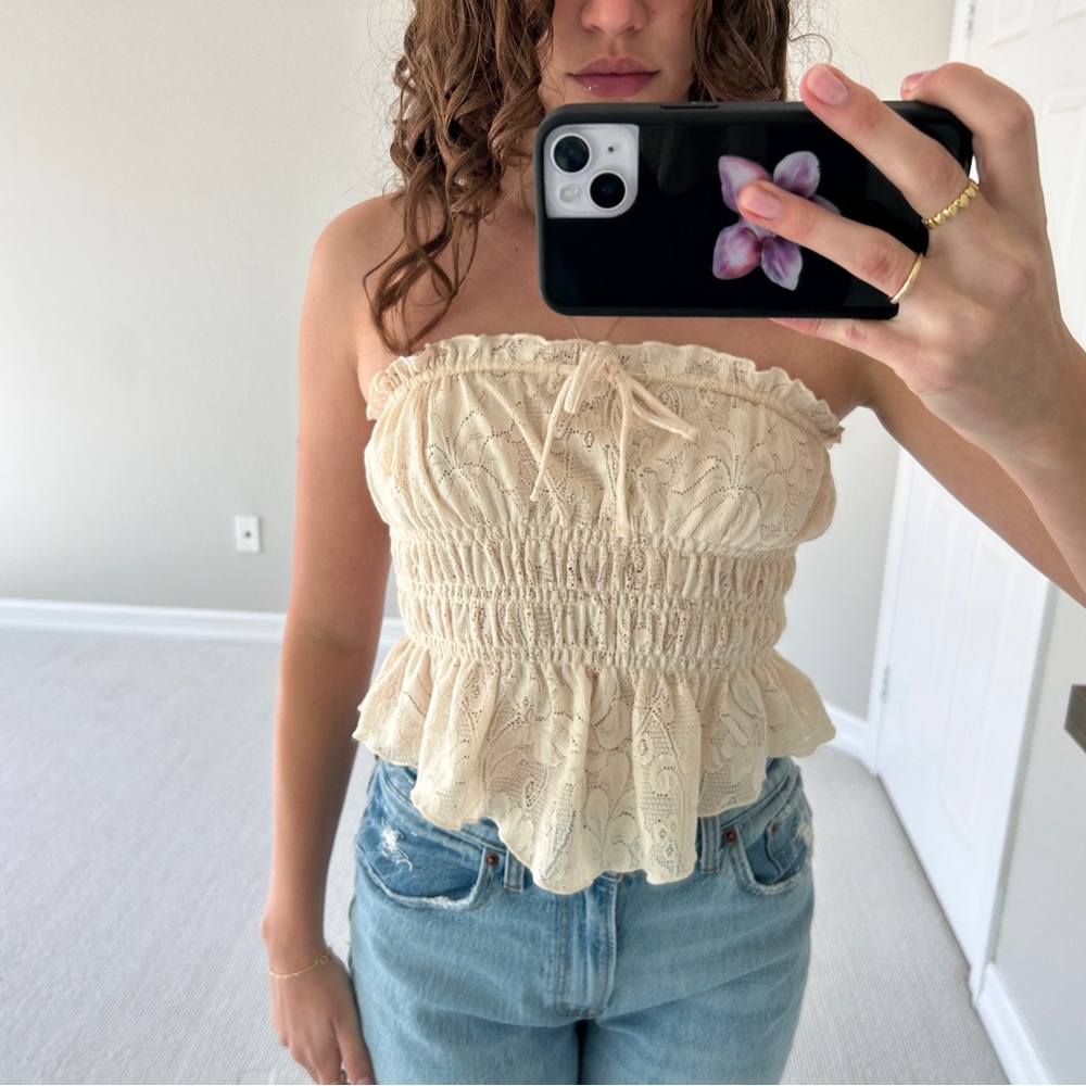 Urban Outfitters Beige Lace Strapless Crop Top